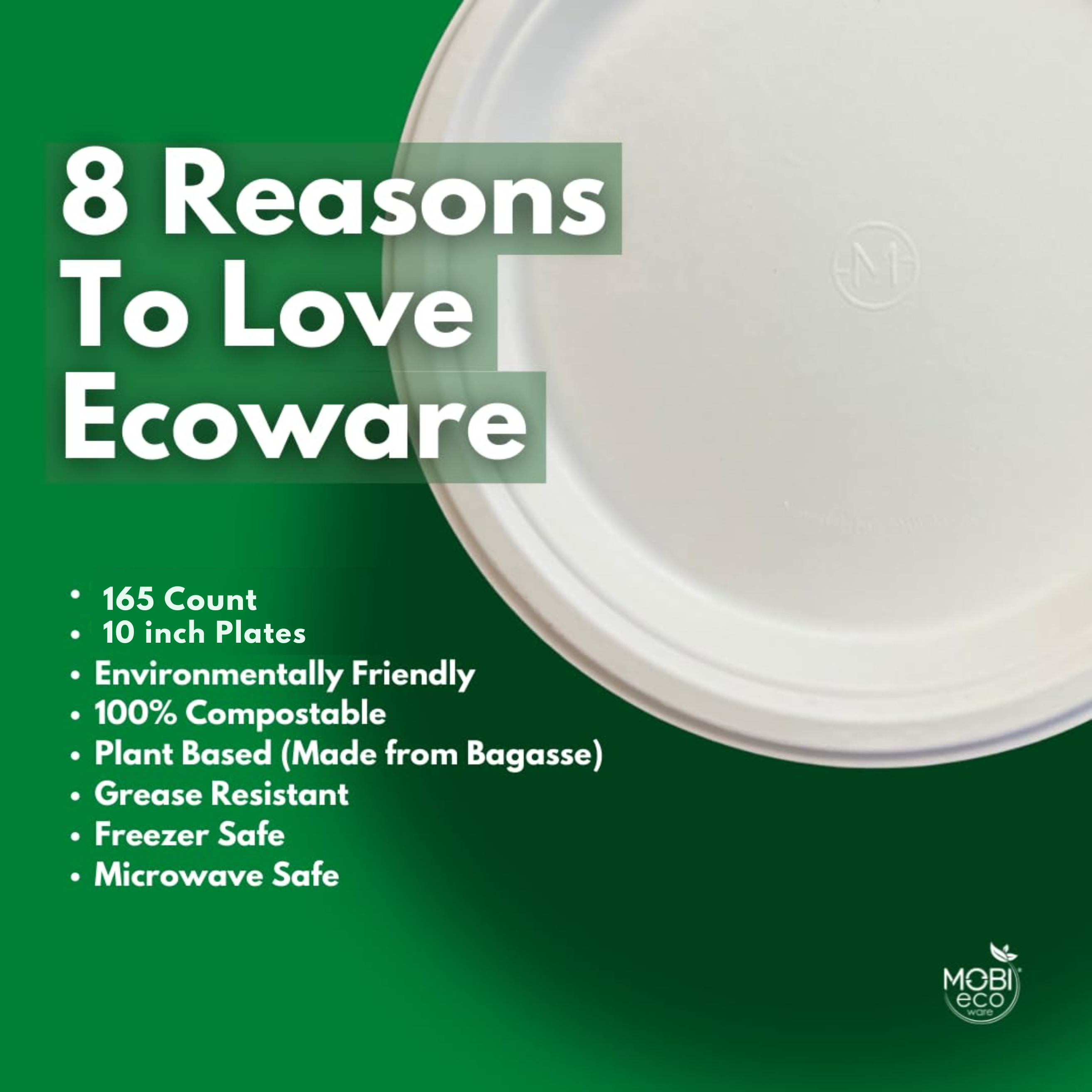 MOBI Ecoware 10" Biodegradable Bagasse Heavy-Duty Disposable Dinner Plates (165-Pack)